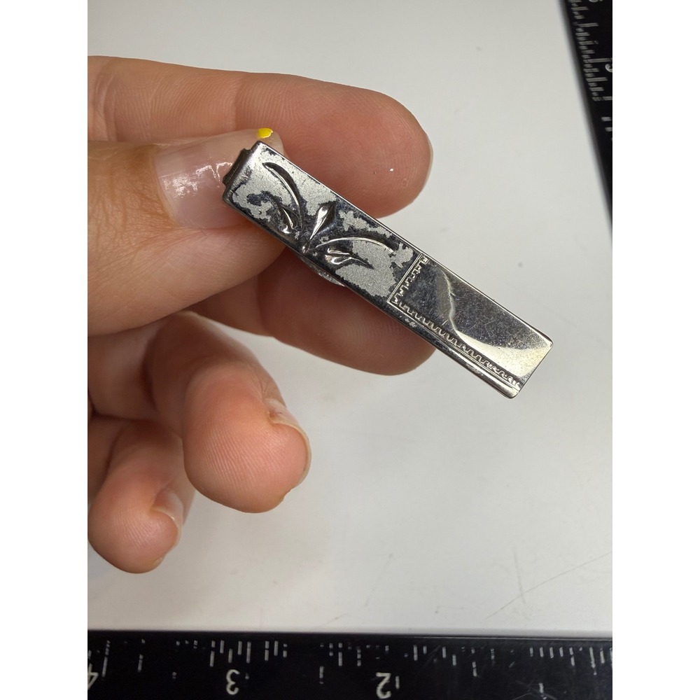 Vintage Sterling Silver Etched Floral Tie Clip Mens Formal Jewelry Accessory